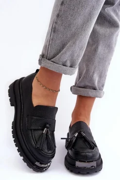 Damskie Boto Skórzane Mokasyny Na Platformie I Płaskim Obcasie Czarne Jorne