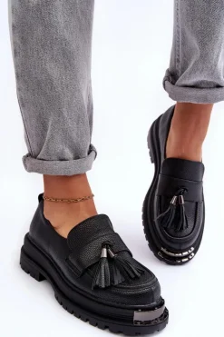 Damskie Boto Skórzane Mokasyny Na Platformie I Płaskim Obcasie Czarne Jorne