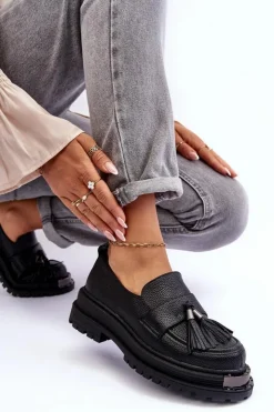 Damskie Boto Skórzane Mokasyny Na Platformie I Płaskim Obcasie Czarne Jorne