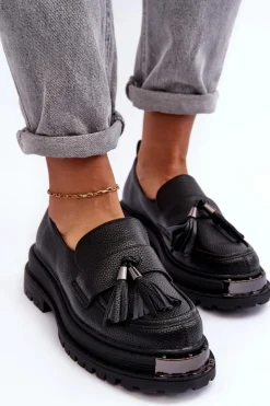 Damskie Boto Skórzane Mokasyny Na Platformie I Płaskim Obcasie Czarne Jorne