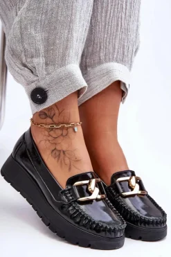 Damskie Zazoo Skórzane Mokasyny Na Platformie Z Ozdobą Czarne Lemar Desmond