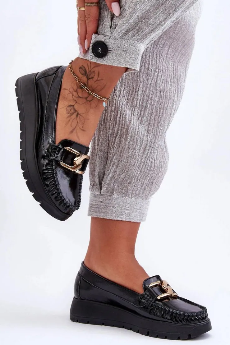 Damskie Zazoo Skórzane Mokasyny Na Platformie Z Ozdobą Czarne Lemar Desmond