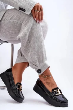 Damskie Zazoo Skórzane Mokasyny Na Platformie Z Ozdobą Czarne Lemar Desmond