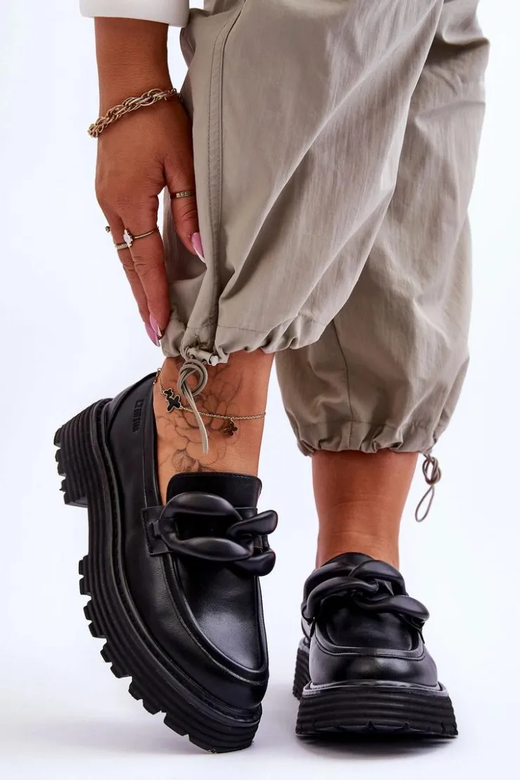 Big Star Shoes Mokasyny Damskie Skórzane*Skórzane Mokasyny Półbuty Big Star LL274580 Czarne