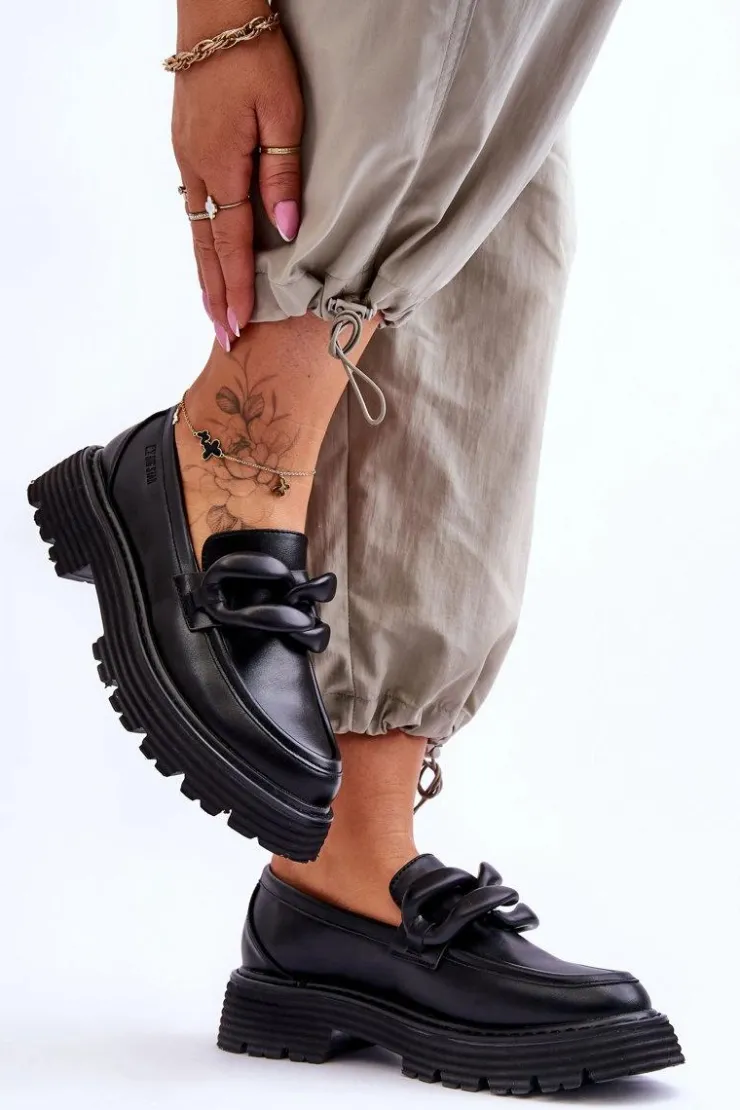 Big Star Shoes Mokasyny Damskie Skórzane*Skórzane Mokasyny Półbuty Big Star LL274580 Czarne