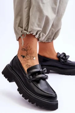 Big Star Shoes Mokasyny Damskie Skórzane*Skórzane Mokasyny Półbuty Big Star LL274580 Czarne