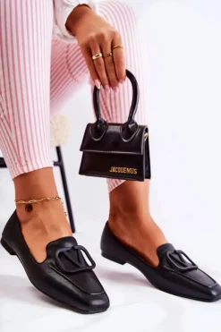 Hot Boto Skórzane Mokasyny Półbuty Z Ozdobą Czarne Hermosa