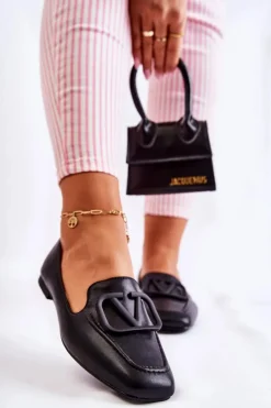 Hot Boto Skórzane Mokasyny Półbuty Z Ozdobą Czarne Hermosa