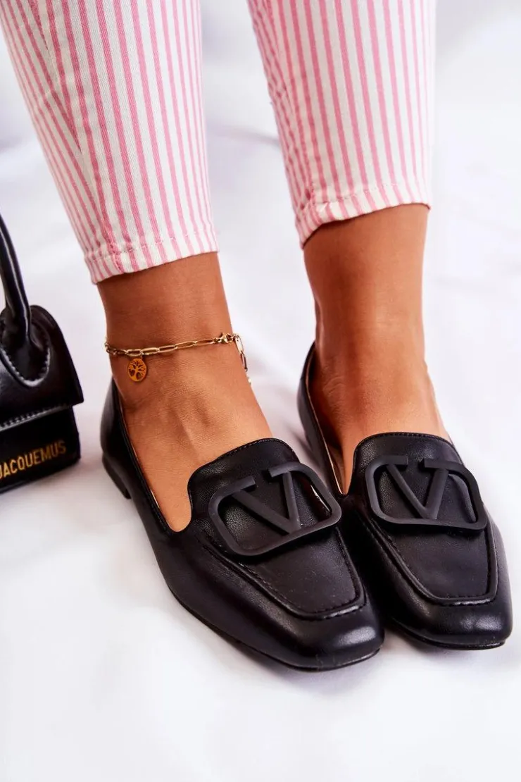 Hot Boto Skórzane Mokasyny Półbuty Z Ozdobą Czarne Hermosa