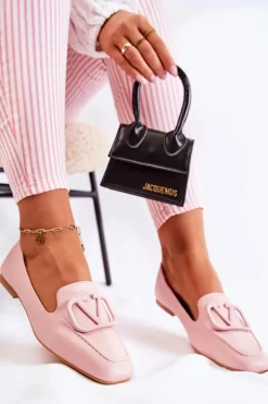 Boto Mokasyny Damskie Skórzane*Skórzane Mokasyny Półbuty Z Ozdobą Różowe Hermosa