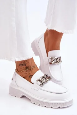 Damskie GOE Skórzane Mokasyny Z Łańcuchem LL2N4038 Białe