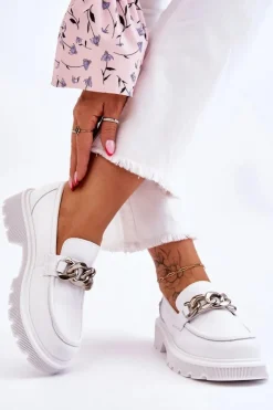 Damskie GOE Skórzane Mokasyny Z Łańcuchem LL2N4038 Białe