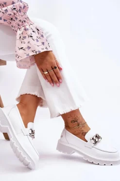 Damskie GOE Skórzane Mokasyny Z Łańcuchem LL2N4038 Białe