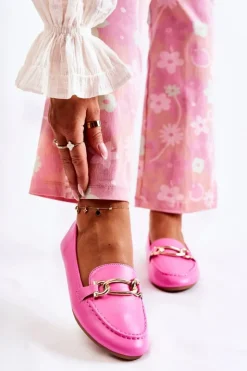 Damskie Boto Skórzane Mokasyny Z Ozdobą Różowe Millario