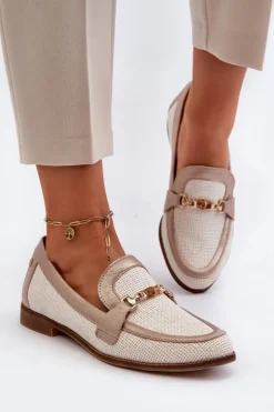 Maciejka Loafersy Damskie|Półbuty Skórzane*Skórzane Mokasyny Z Ozdobą Złote 06442-25 Złote