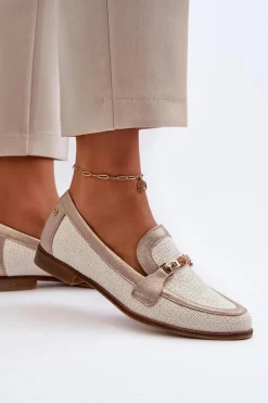 Maciejka Loafersy Damskie|Półbuty Skórzane*Skórzane Mokasyny Z Ozdobą Złote 06442-25 Złote