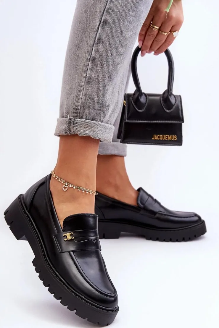 New Boto Skórzane Mokasyny Z Ozdobą Czarne Esperta