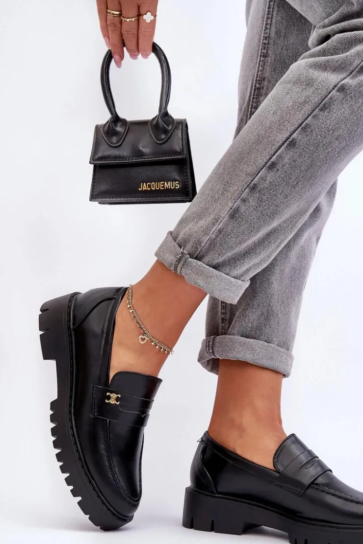 New Boto Skórzane Mokasyny Z Ozdobą Czarne Esperta