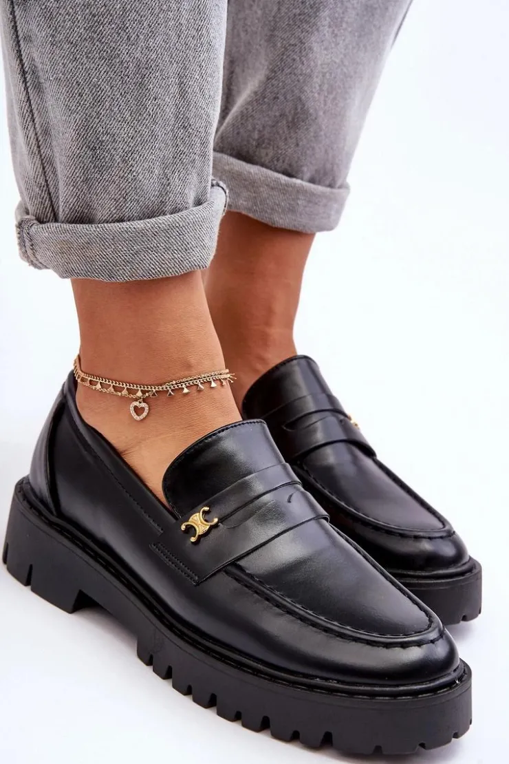 New Boto Skórzane Mokasyny Z Ozdobą Czarne Esperta