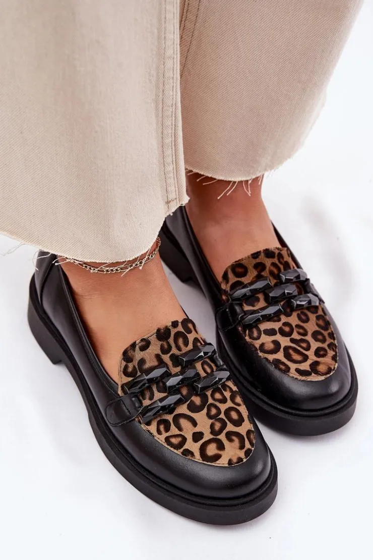 Laura Messi Loafersy Damskie|Mokasyny Płaskie*Skórzane Mokasyny Z Ozdobą I Panterką 2965 Czarne