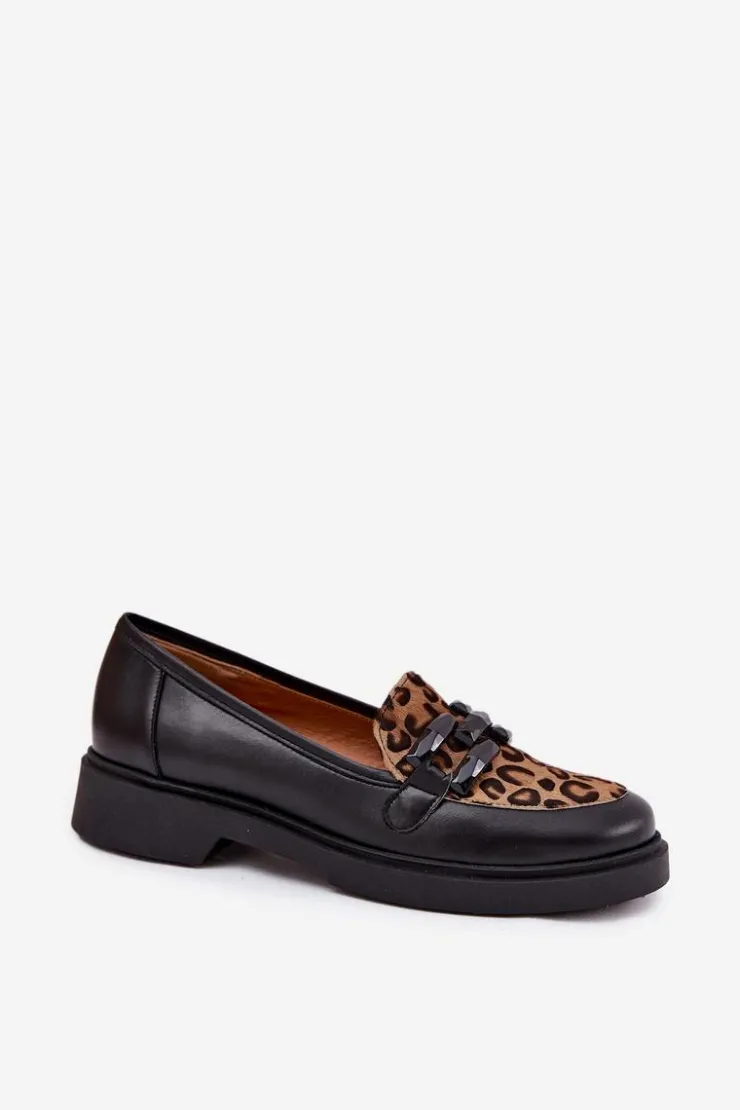Laura Messi Loafersy Damskie|Mokasyny Płaskie*Skórzane Mokasyny Z Ozdobą I Panterką 2965 Czarne