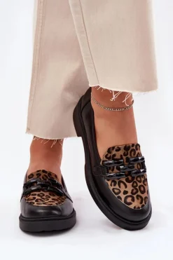 Laura Messi Loafersy Damskie|Mokasyny Płaskie*Skórzane Mokasyny Z Ozdobą I Panterką 2965 Czarne
