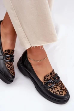 Laura Messi Loafersy Damskie|Mokasyny Płaskie*Skórzane Mokasyny Z Ozdobą I Panterką 2965 Czarne