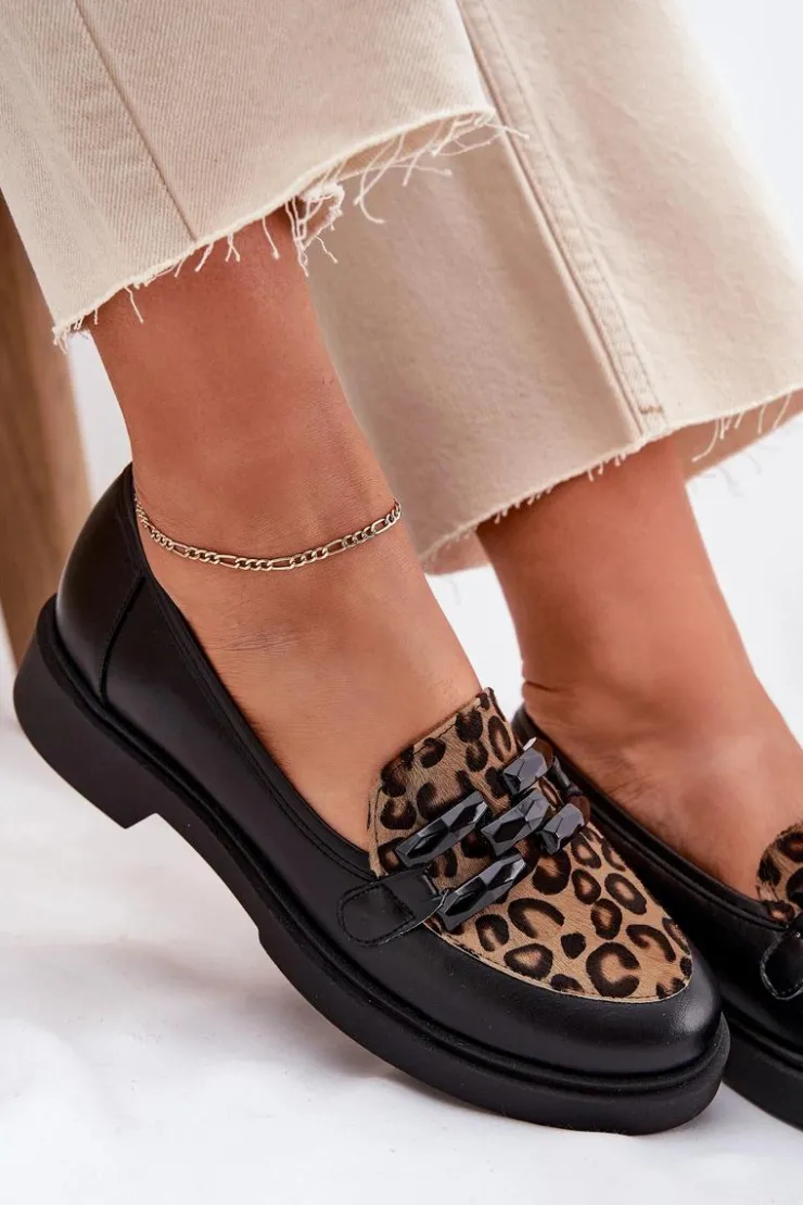 Laura Messi Loafersy Damskie|Mokasyny Płaskie*Skórzane Mokasyny Z Ozdobą I Panterką 2965 Czarne