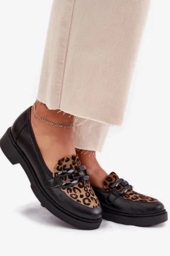 Laura Messi Loafersy Damskie|Mokasyny Płaskie*Skórzane Mokasyny Z Ozdobą I Panterką 2965 Czarne