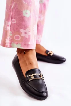 Boto Mokasyny Damskie Skórzane*Skórzane Mokasyny Z Ozdobą Czarne Millario