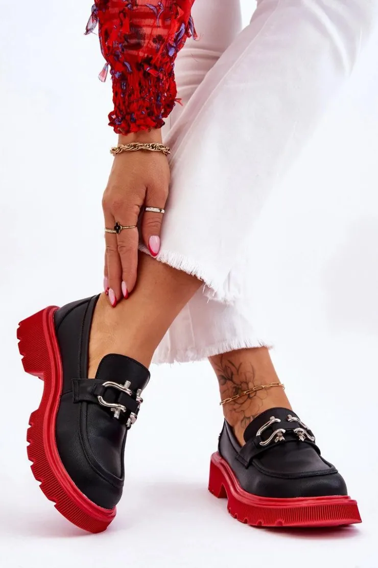 Online GOE Skórzane Mokasyny Z Ozdobą LL2N4040 Czarno-Czerwone