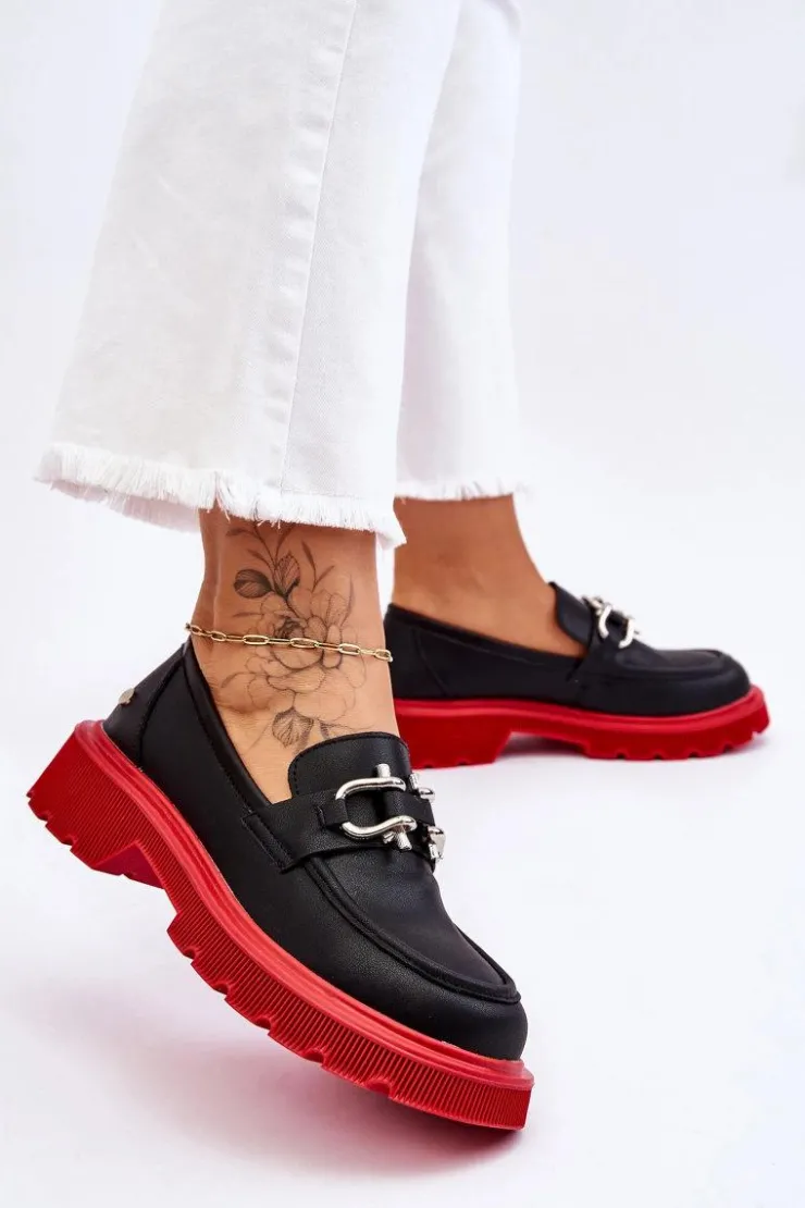 Online GOE Skórzane Mokasyny Z Ozdobą LL2N4040 Czarno-Czerwone