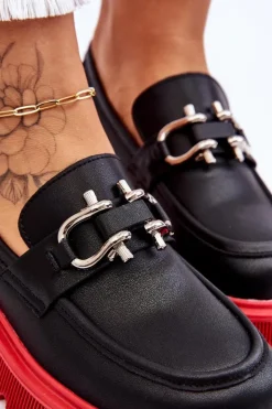 Online GOE Skórzane Mokasyny Z Ozdobą LL2N4040 Czarno-Czerwone