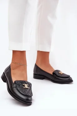 Clearance Laura Messi Skórzane Mokasyny Ze Złotą Ozdobą 2927 Czarne