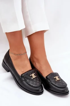 Clearance Laura Messi Skórzane Mokasyny Ze Złotą Ozdobą 2927 Czarne