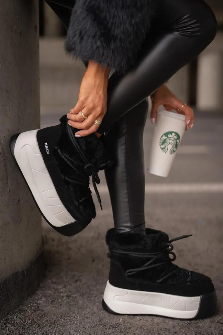 Outlet Big Star Shoes Skórzane Śniegowce Damskie Na Grubej Podeszwie Z Futerkiem Big Star OO274A206 Czarne Czarny