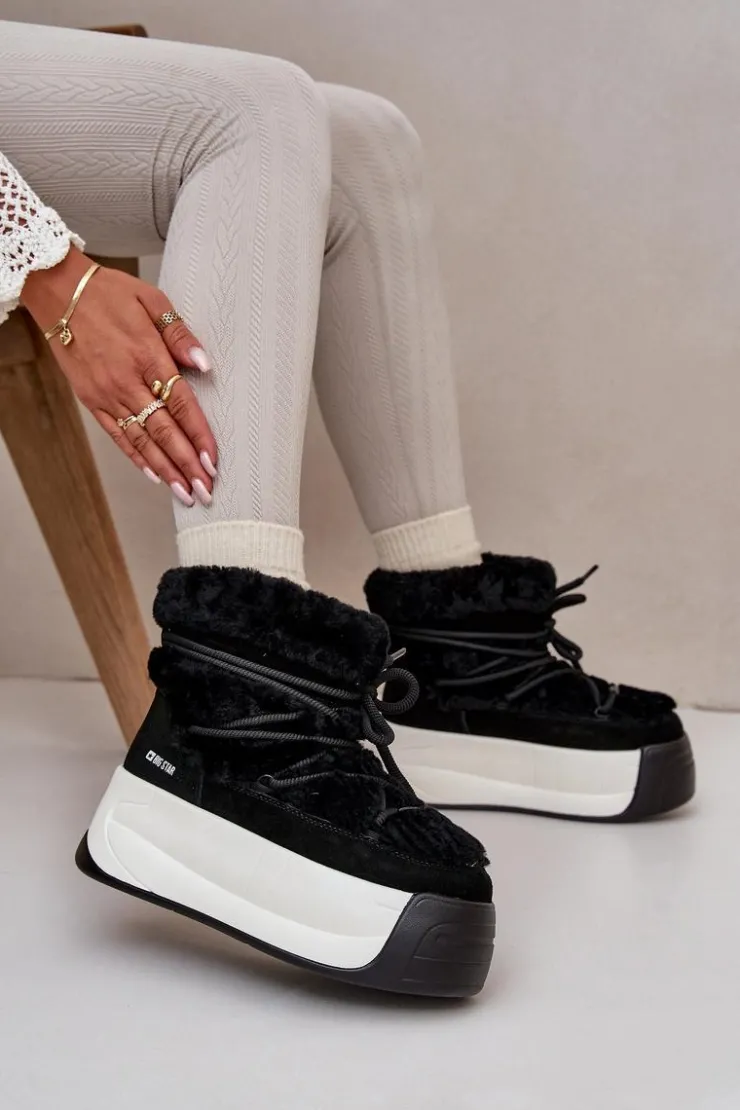 Outlet Big Star Shoes Skórzane Śniegowce Damskie Na Grubej Podeszwie Z Futerkiem Big Star OO274A206 Czarne Czarny