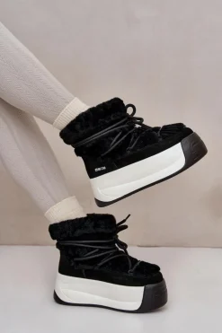 Outlet Big Star Shoes Skórzane Śniegowce Damskie Na Grubej Podeszwie Z Futerkiem Big Star OO274A206 Czarne Czarny