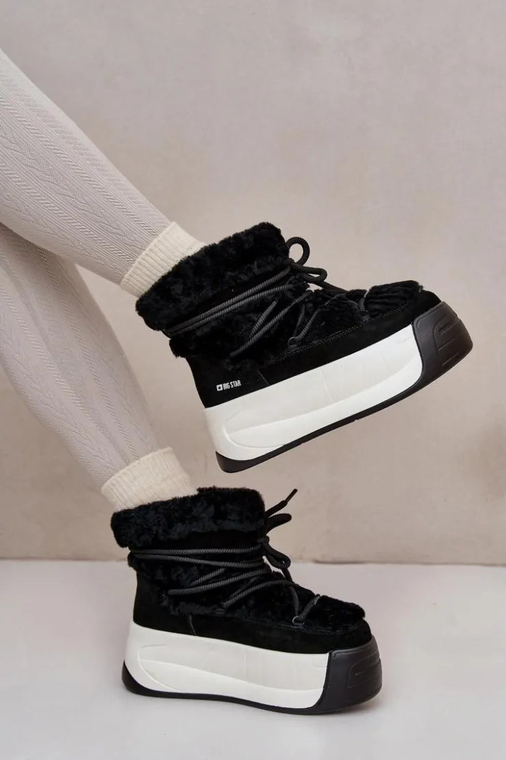 Outlet Big Star Shoes Skórzane Śniegowce Damskie Na Grubej Podeszwie Z Futerkiem Big Star OO274A206 Czarne Czarny