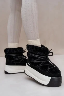 Outlet Big Star Shoes Skórzane Śniegowce Damskie Na Grubej Podeszwie Z Futerkiem Big Star OO274A206 Czarne Czarny