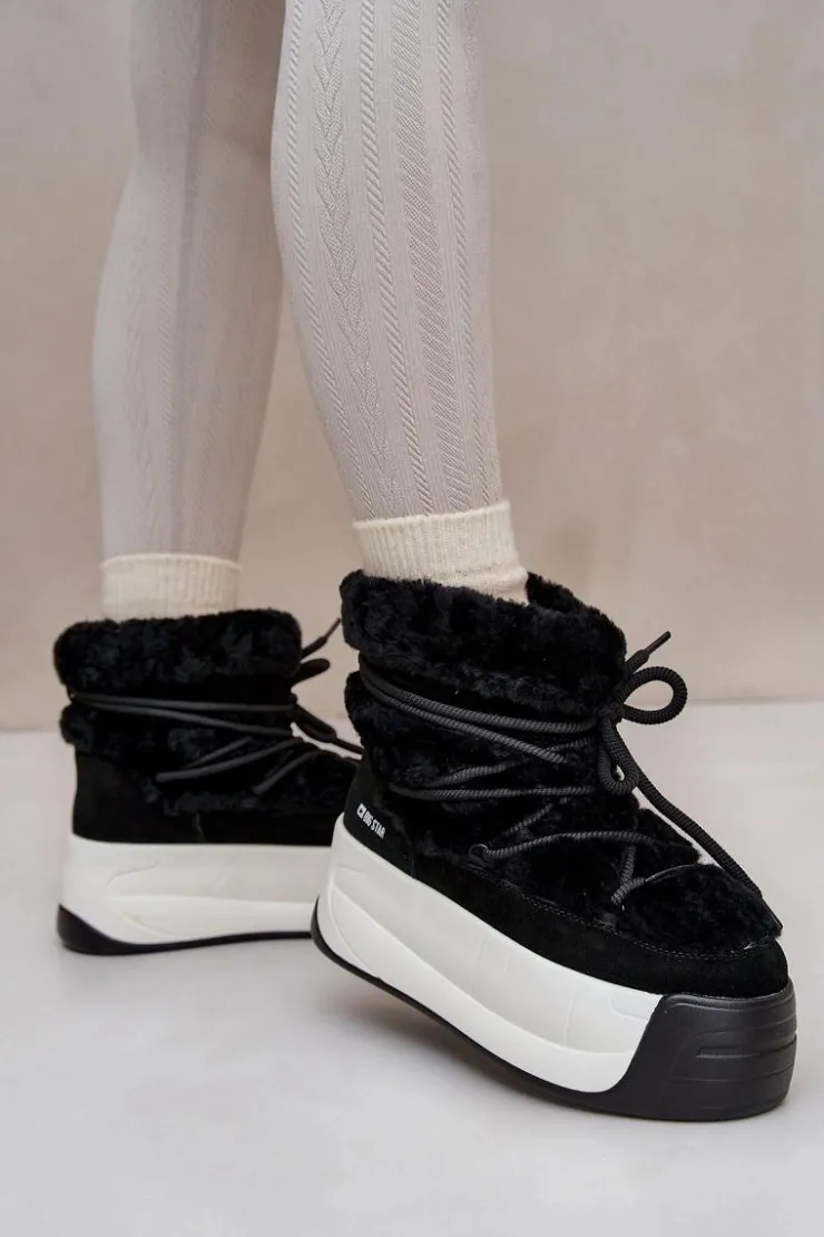 Outlet Big Star Shoes Skórzane Śniegowce Damskie Na Grubej Podeszwie Z Futerkiem Big Star OO274A206 Czarne Czarny
