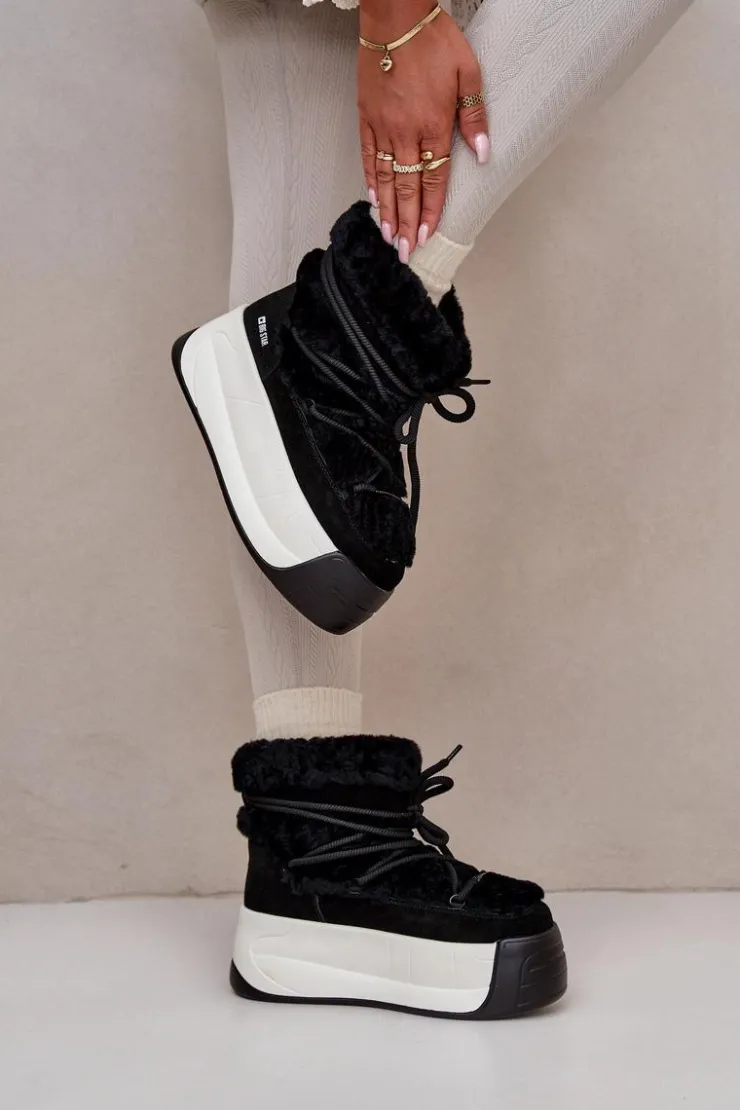 Outlet Big Star Shoes Skórzane Śniegowce Damskie Na Grubej Podeszwie Z Futerkiem Big Star OO274A206 Czarne Czarny