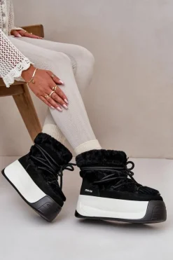 Outlet Big Star Shoes Skórzane Śniegowce Damskie Na Grubej Podeszwie Z Futerkiem Big Star OO274A206 Czarne Czarny