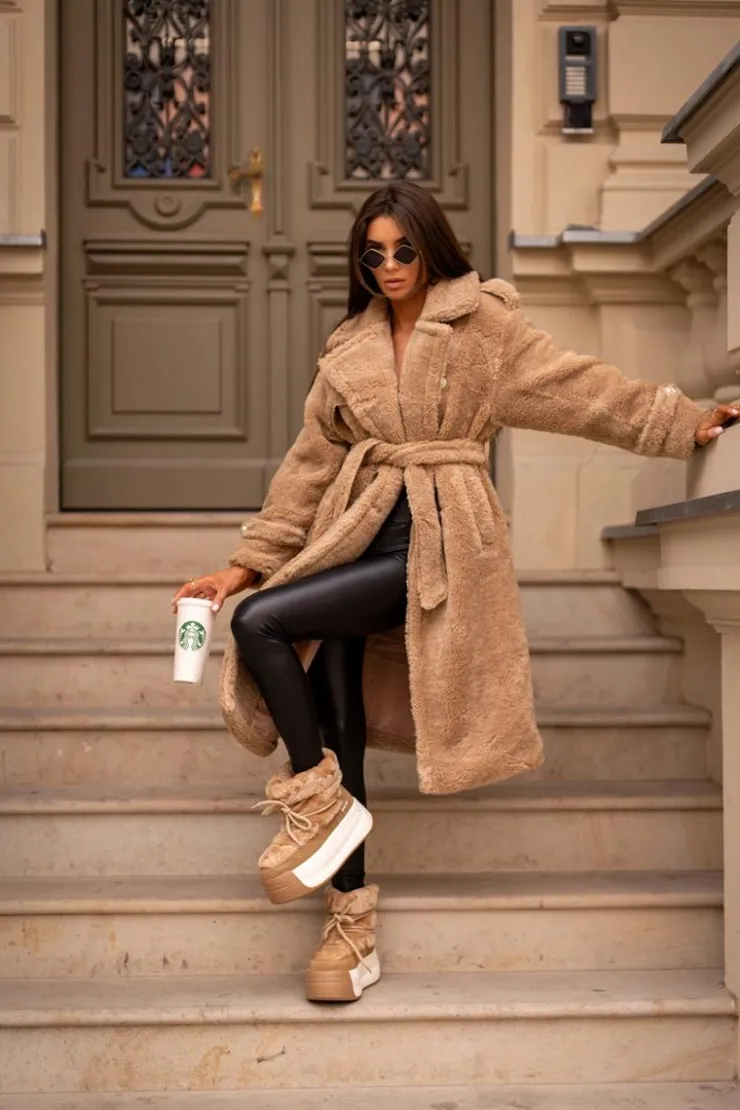 Big Star Shoes Śniegowce Damskie*Skórzane Śniegowce Damskie Na Grubej Podeszwie Z Futerkiem Big Star OO274A207 Brązowe Brązowy