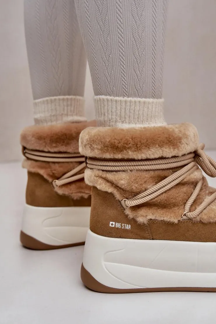 Big Star Shoes Śniegowce Damskie*Skórzane Śniegowce Damskie Na Grubej Podeszwie Z Futerkiem Big Star OO274A207 Brązowe Brązowy