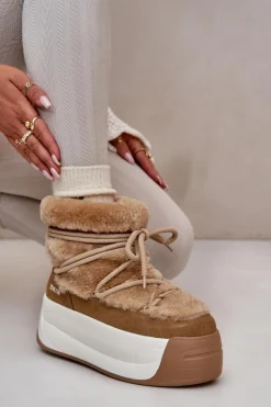 Big Star Shoes Śniegowce Damskie*Skórzane Śniegowce Damskie Na Grubej Podeszwie Z Futerkiem Big Star OO274A207 Brązowe Brązowy