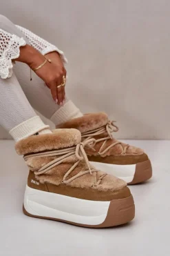 Big Star Shoes Śniegowce Damskie*Skórzane Śniegowce Damskie Na Grubej Podeszwie Z Futerkiem Big Star OO274A207 Brązowe Brązowy