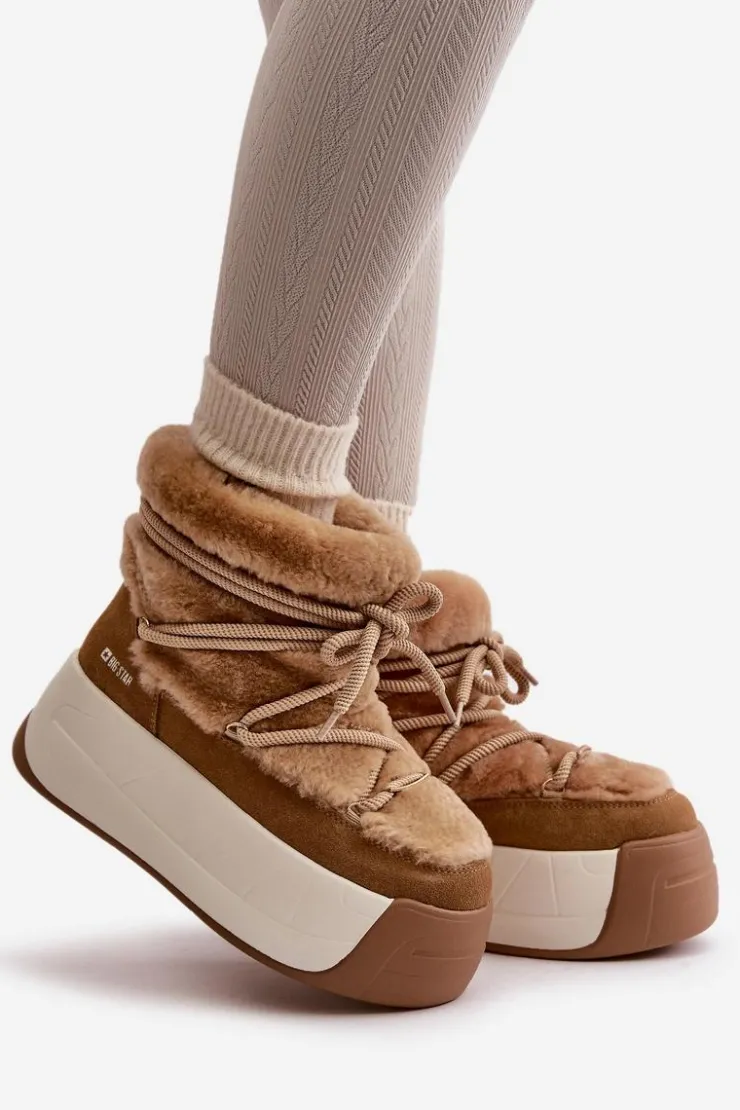 Big Star Shoes Śniegowce Damskie*Skórzane Śniegowce Damskie Na Grubej Podeszwie Z Futerkiem Big Star OO274A207 Brązowe Brązowy