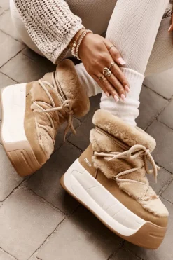 Big Star Shoes Śniegowce Damskie*Skórzane Śniegowce Damskie Na Grubej Podeszwie Z Futerkiem Big Star OO274A207 Brązowe Brązowy