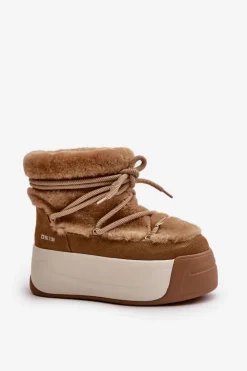 Big Star Shoes Śniegowce Damskie*Skórzane Śniegowce Damskie Na Grubej Podeszwie Z Futerkiem Big Star OO274A207 Brązowe Brązowy